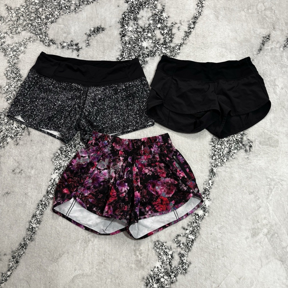 lululemon Women's Running Shorts 3 Pair Bundle Size 4 Black Floral Speckle